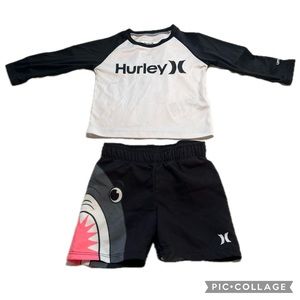 Hurley Baby Boys 12M Long-Sleeve UPF 50+ Swim Tee & Shark Swim Trunks